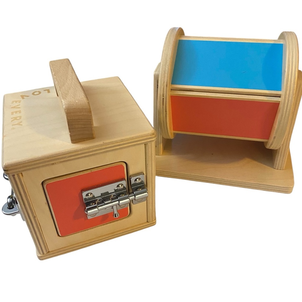 LOVEVERY Wooden Lock Box Metal Latches & Spinning Rainbow Learning Toy Sensory
